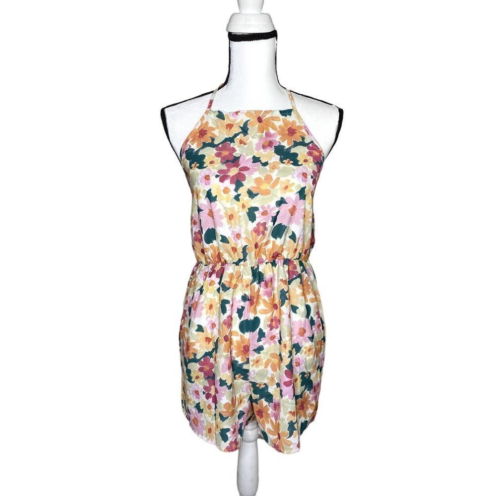 Shein Sleeveless Floral Halter Tie Neck Open Back Romper Orange Pink Size 6
